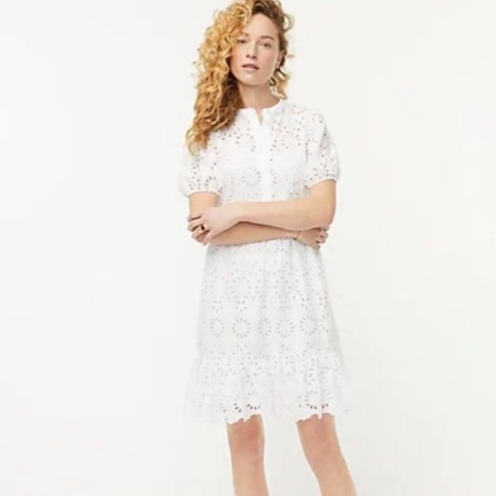 NWT J. Crew Women’s 2 & 4 Preppy Puff Short Sleeve Eyelet AW798 White Mini Dress